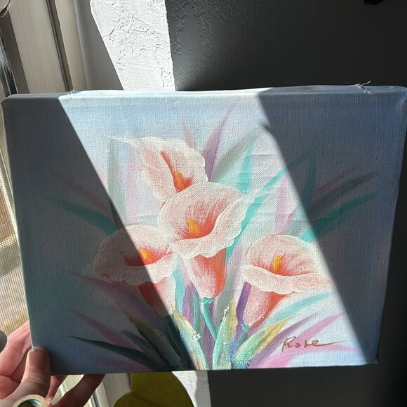 Original acrylic Painting- pink Callie Lillie’s - unframed, vintage wear, damage - Picture 10 of 14